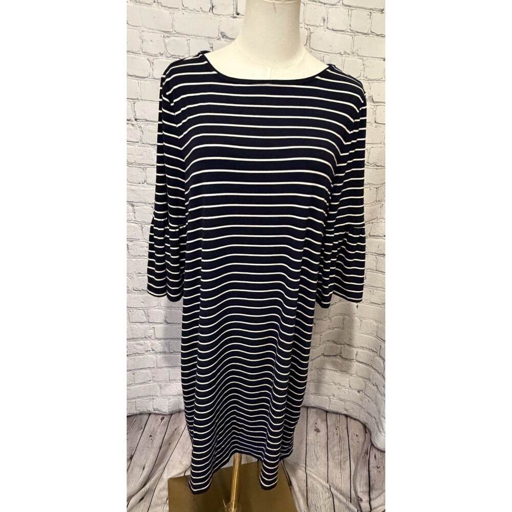 White House Black Market WHBM Navy Blue White Striped Bell Sleeve Shift Dress XL